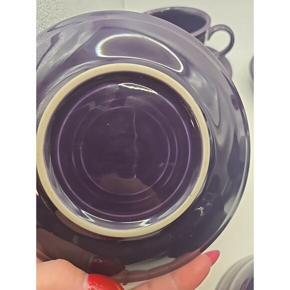 4 Homer Laughlin Fiestaware 3.75” Coffee Cups Mugs & 6” Saucer Plum Purple NICE! - Picture 3 of 4
